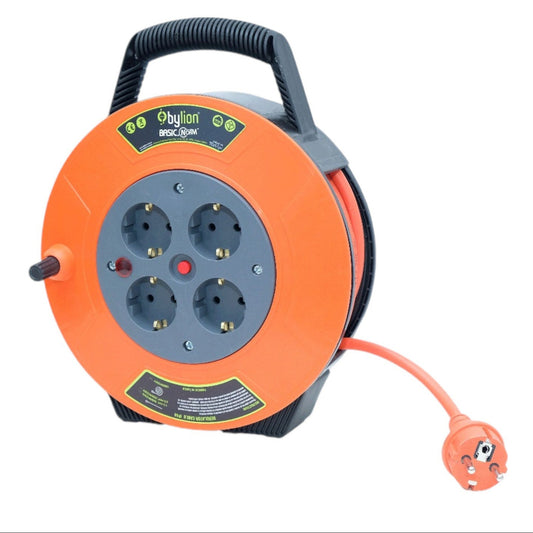 Compact retractable extension cable reel / cable drum, 10m 4 sockets IP20, thermally / child-safe, 3x1mm2, type SCHUKO, PKE-10310-F