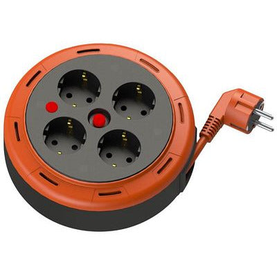 Compacte cassette rolverlengkabel, 5m kabel met 4 contactdozen IP20 + thermische zekering + kinderzekering, 3x1mm2, aarding SCHUKO , PHE-05310-F