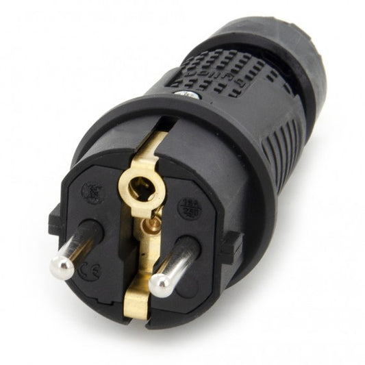 Zwarte rubberen kontaktstop IP54, 250v 16a per kabel, Uni-Schuko (dubbele aarding), 2P+E, REF, Bylion