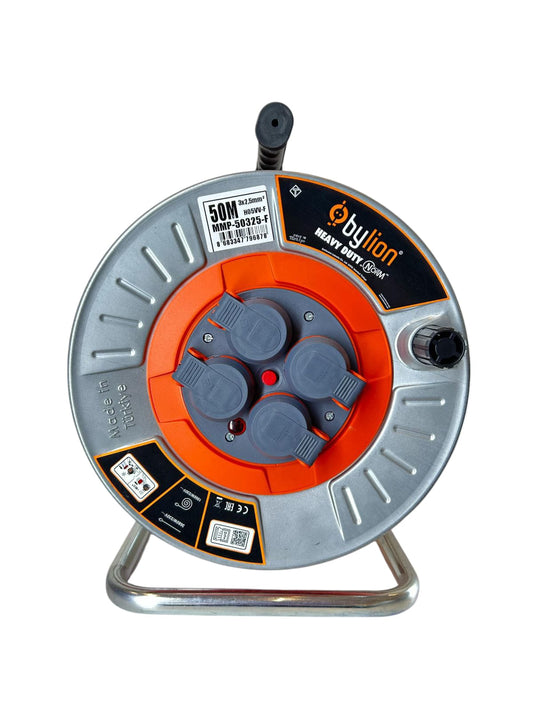 Professionele metalen haspel met koperen kabel 3x2,5 mm2, IP44 met overbelastingsbeveiliging, stroom 16 A Schuko type met 4 contactdozen, lengte 50M, kabelkleur: oranje