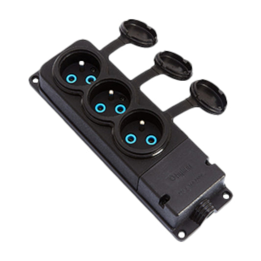 3x stopcontact, Frans type E, drievoudig "rubber" zwart stopcontact met deksel hermetisch IP44 250V, 16A, 2P+Z, 3KMP-E, Bylion