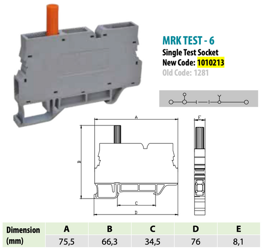 ONKA 6mm2 screw rail connection block with test clamp on DIN rail 2-wire gray, 1010213