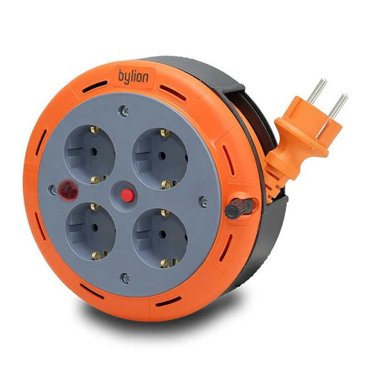 Kompakter Kassettentyp Roll-Verlängerungskabel, 5m Kabel mit 4 Steckdosen IP20 + Thermosicherung + Kindersicherung, 3x1mm2, Französischer Typ (Stift), PHE-05310-E