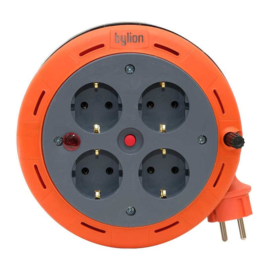 Compacte cassette rolverlengkabel, 5m kabel met 4 contactdozen IP20 + thermische zekering + kinderzekering, 3x1mm2, aarding SCHUKO , PHE-05310-F