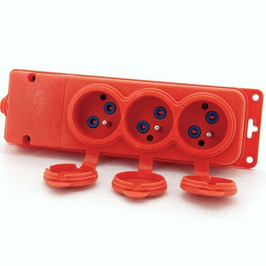 3x Steckdose, französischer Typ E, dreifache "Gummi" orange Steckdose mit hermetischer Abdeckung IP44 250V, 16A, 2P+Z, 3KMP-E-O, Bylion