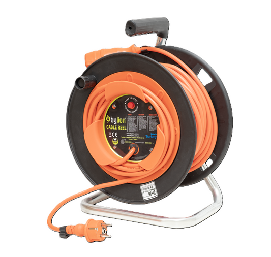 Lier met koperen kabel 3x2,5 mm2, IP44 met overbelastingsbeveiliging, stroom 16 A, 40m+2m Kabelkleur: oranje, Schuko type