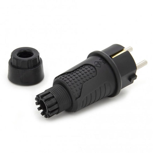 Zwarte rubberen kontaktstop IP54, 250v 16a per kabel, Uni-Schuko (dubbele aarding), 2P+E, REF, Bylion