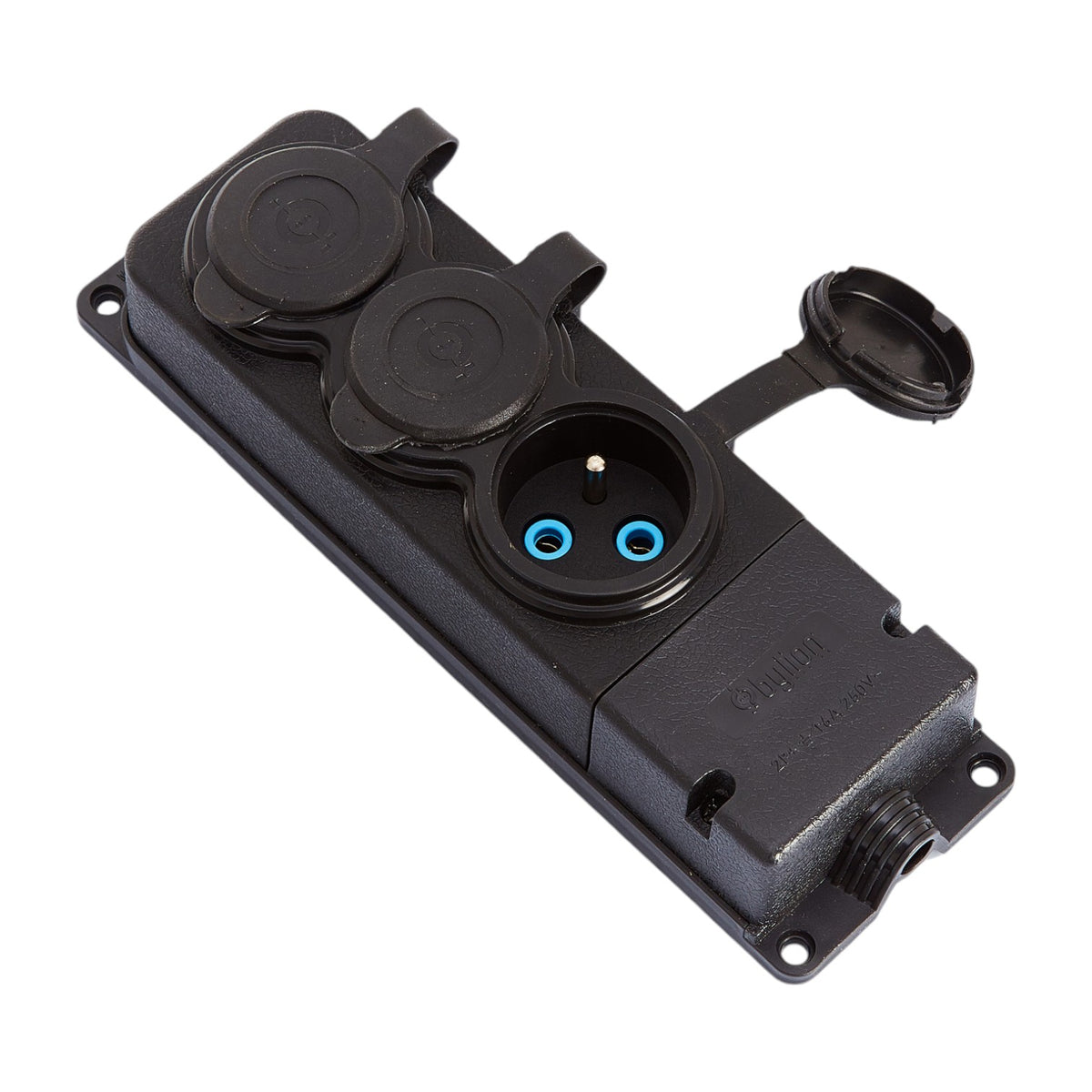 3x prise de courant, type français E, prise de courant "caoutchouc" noire triple avec couvercle hermétique IP44 250V, 16A, 2P+Z, 3KMP-E, Bylion