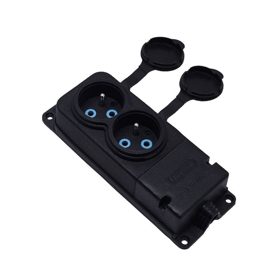 Dubbele rubberen contactdoos zwart hermetisch opbouw 250V, 16A, IP44, Frans type E 2P+Z, 2KMP-E, Bylion