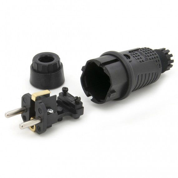 Zwarte rubberen kontaktstop IP54, 250v 16a per kabel, Uni-Schuko (dubbele aarding), 2P+E, REF, Bylion