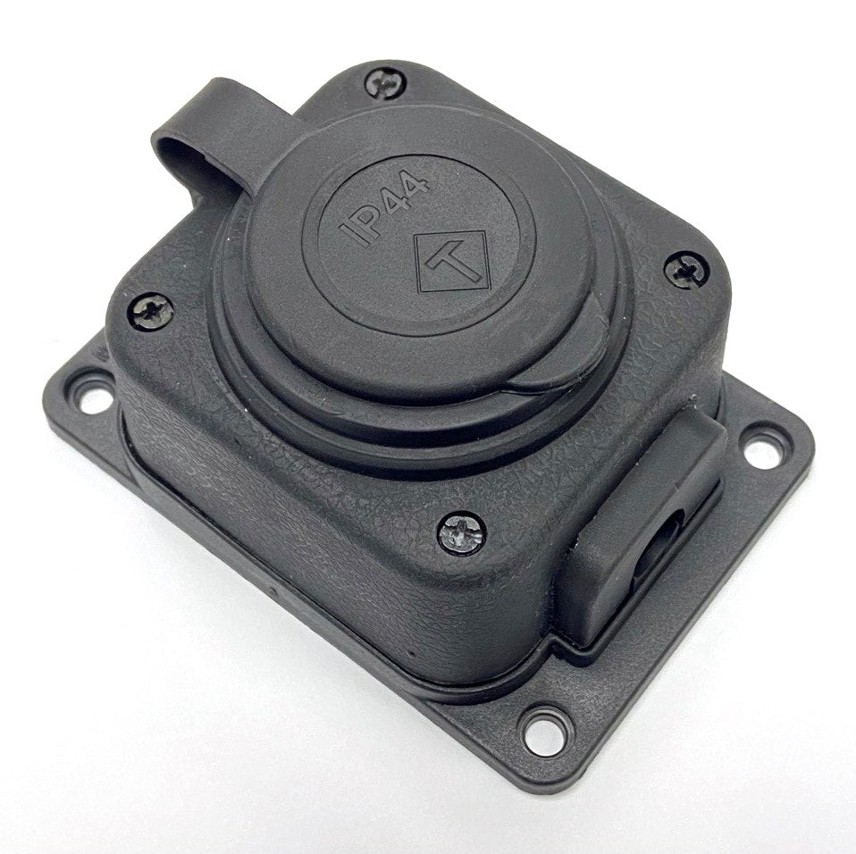 Steekcontactdoos, Frans type E (pin), zwart "rubber" voor opbouw 250V, 16A, IP44, 2P+Z, 1KMP-E, Bylion