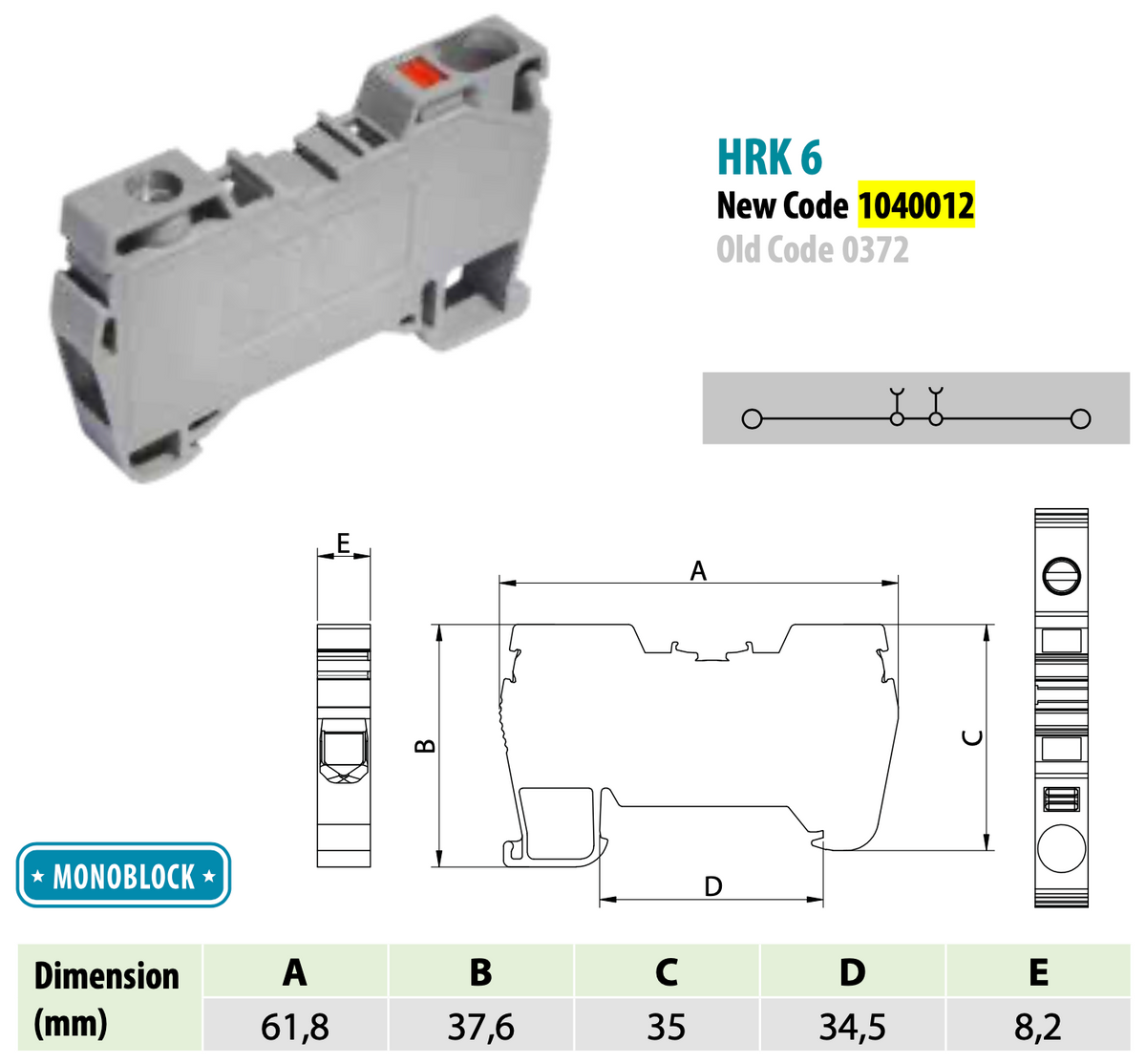 ONKA 6mm2 hybride schroef/veerrail aansluitblok voor DIN-rail 2-draads grijs, 1040012