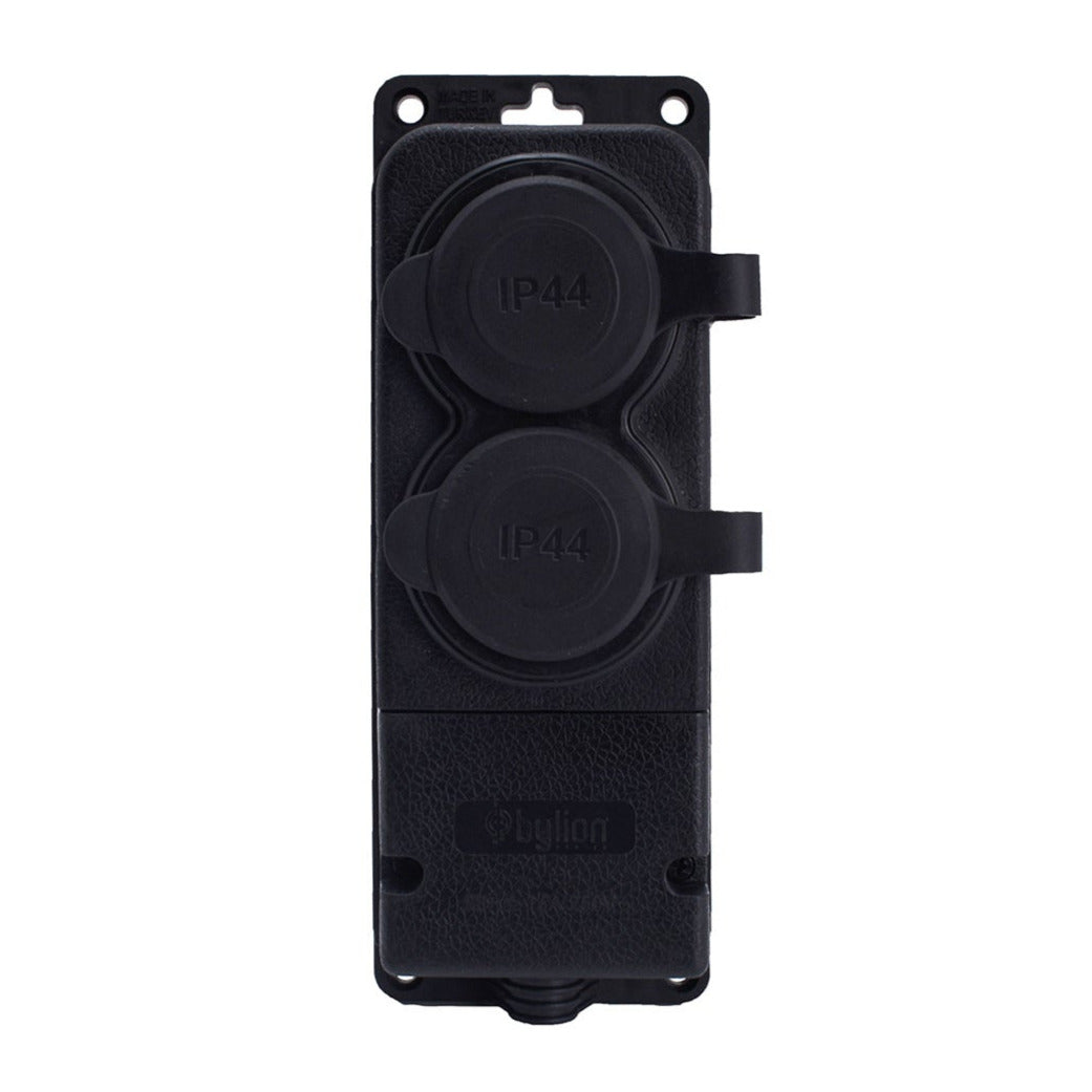 Double rubber contact box black hermetic surface mount 250V, 16A, IP44, SCHUKO 2P+Z, 2KMP-F, Bylion