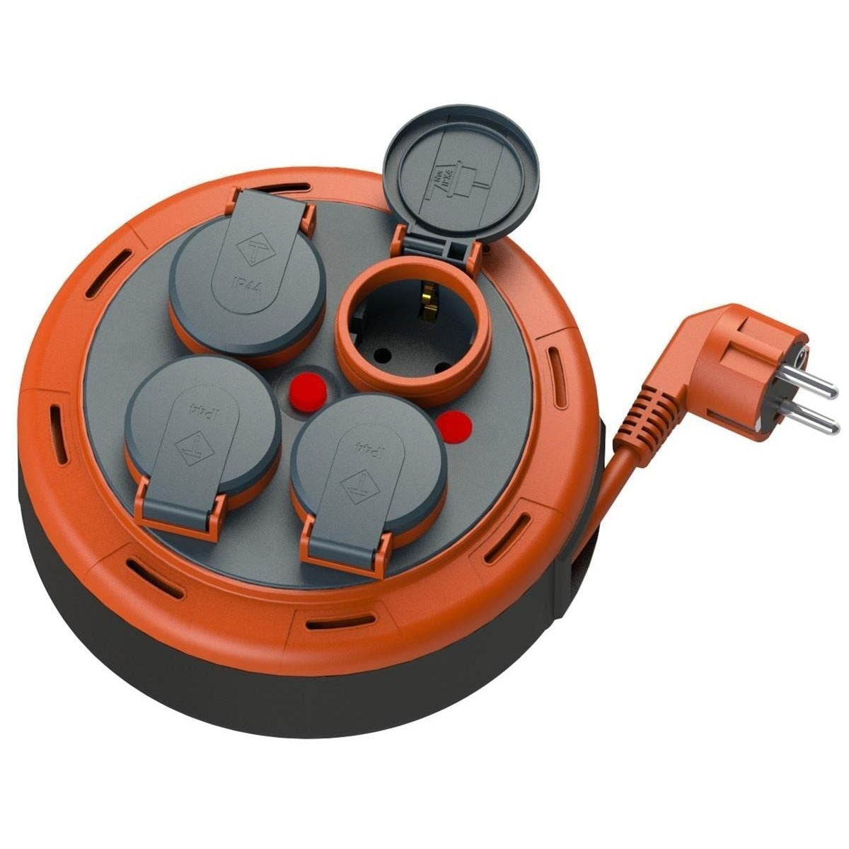IP44 Cassette compacte rallonge enrouleur, câble de 5m avec 4 prises + fusible thermique/de sécurité enfant, 3x1mm2, mise à la terre SCHUKO, PHP-05310-F