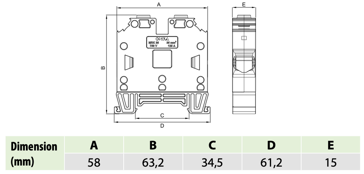 ONKA 35mm2 Screw rail terminal block DIN rail clamp 2-wire blue, 1010085