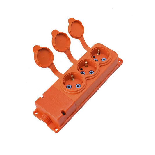 Dreifache "Gummi" orange Steckdose mit hermetischem Deckel IP44 250V, 16A, SCHUKO 2P+Z, 3KMP-F-O, Bylion