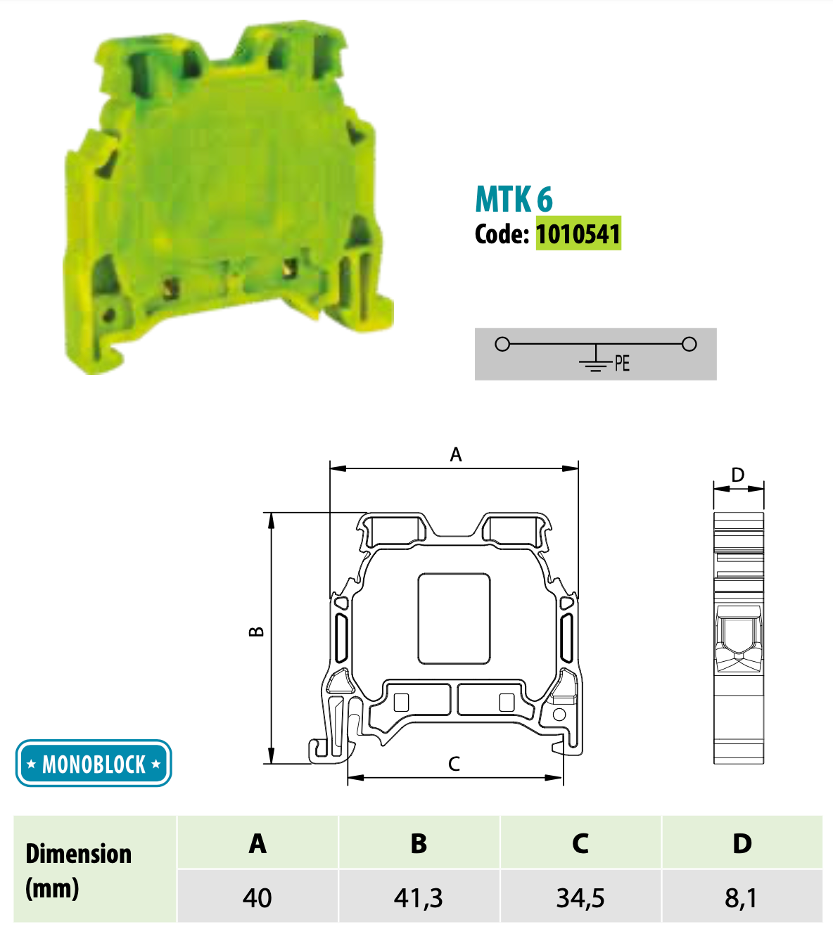 ONKA 6mm2 PE Schroefrailklemmenblok DIN-railklem 2-draads grijs, 1010541