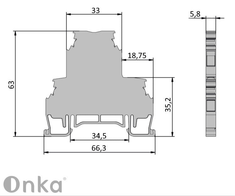 ONKA 2,5mm2, 2 draads Schroefrailklemmenblok DIN-railklemmenblok 4-draads grijs, 1010332