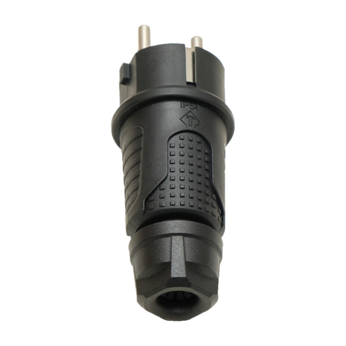 Zwarte rubberen kontaktstop IP54, 250v 16a per kabel, Uni-Schuko (dubbele aarding), 2P+E, REF, Bylion