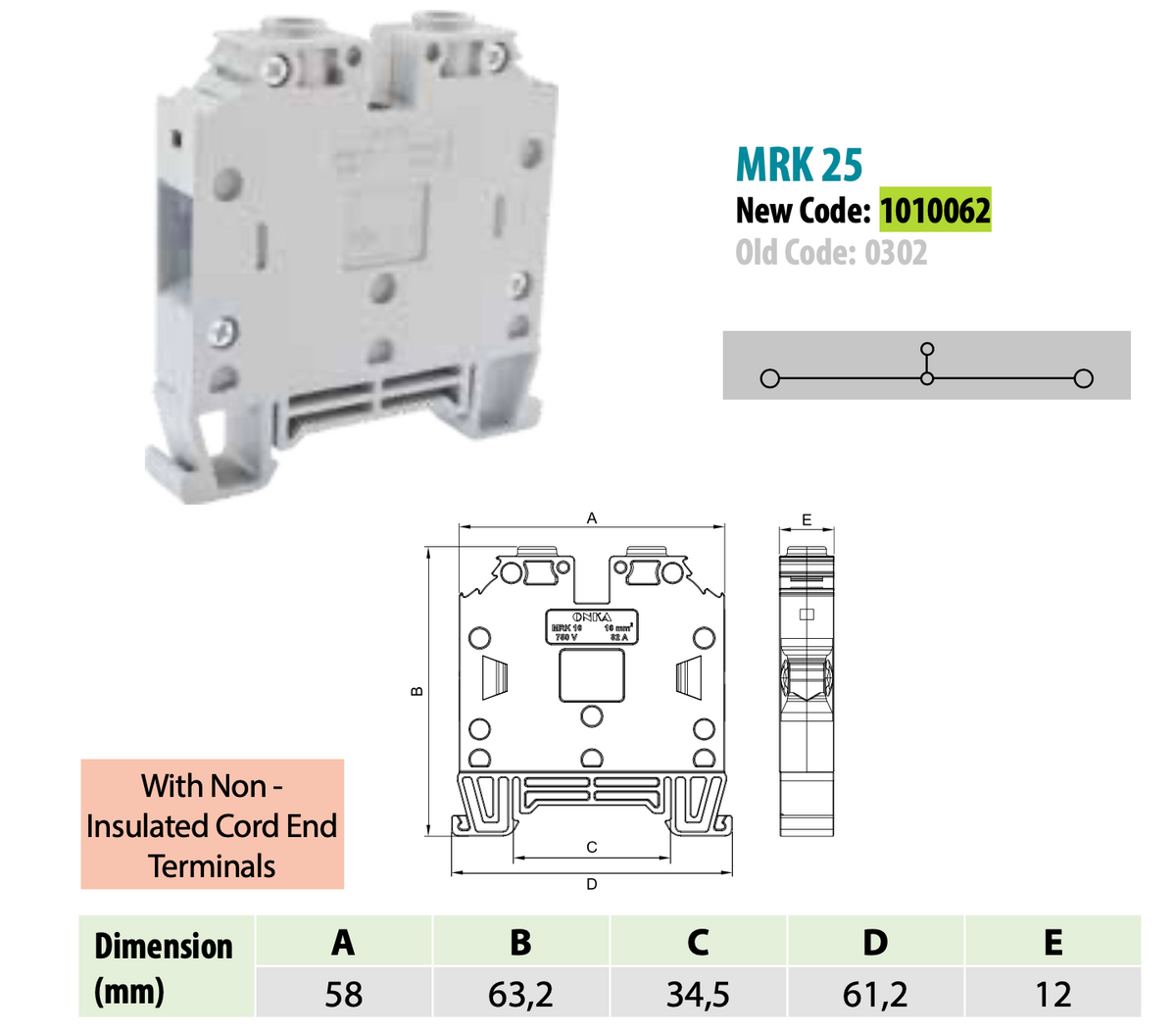 ONKA 25mm2 Schroefrail aansluitblok DIN rail klem 2-draads grijs, 1010062