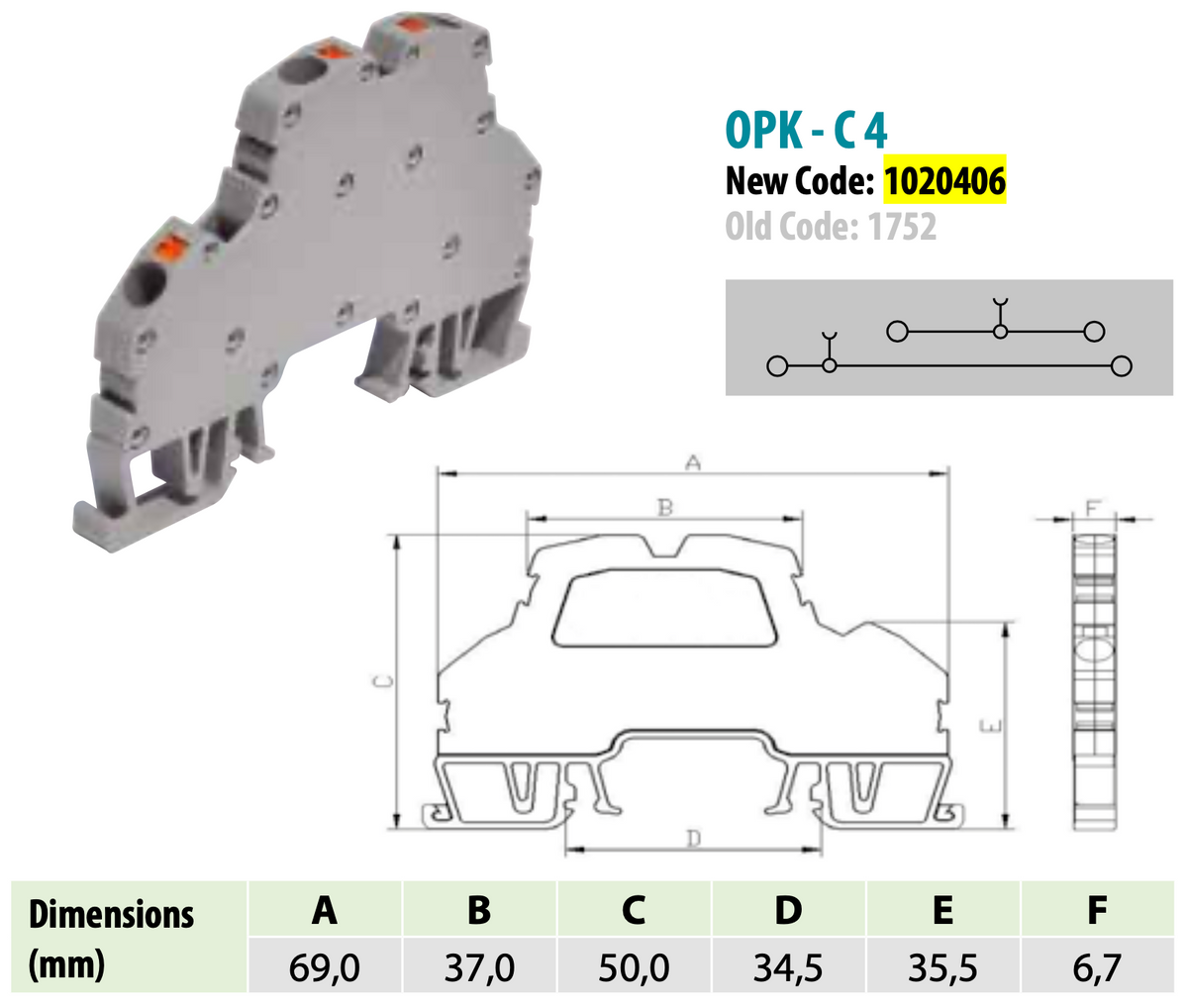 ONKA 4mm2, 2-draads veerrailklemmenblok DIN-rail 4-draads grijs, 1020406
