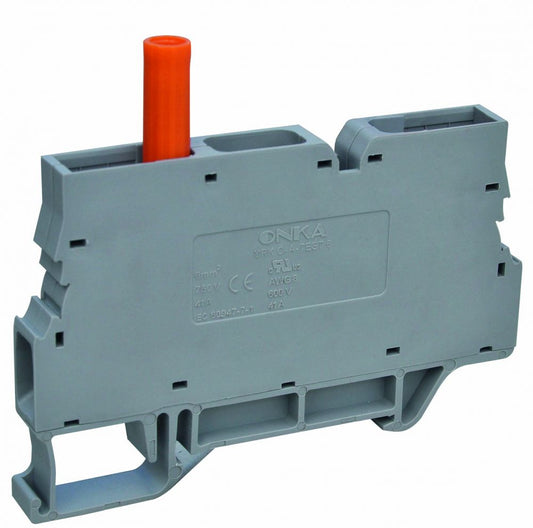 ONKA 6mm2 Schroefrail aansluitblok met testklem op DIN rail 2-draads grijs, 1010213