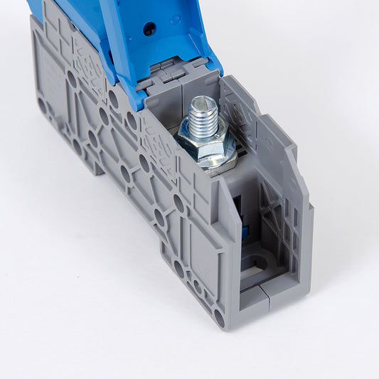 ONKA 50mm2 M8 screw rail connector terminal block DIN-rail with protective cover, blue, 1030034