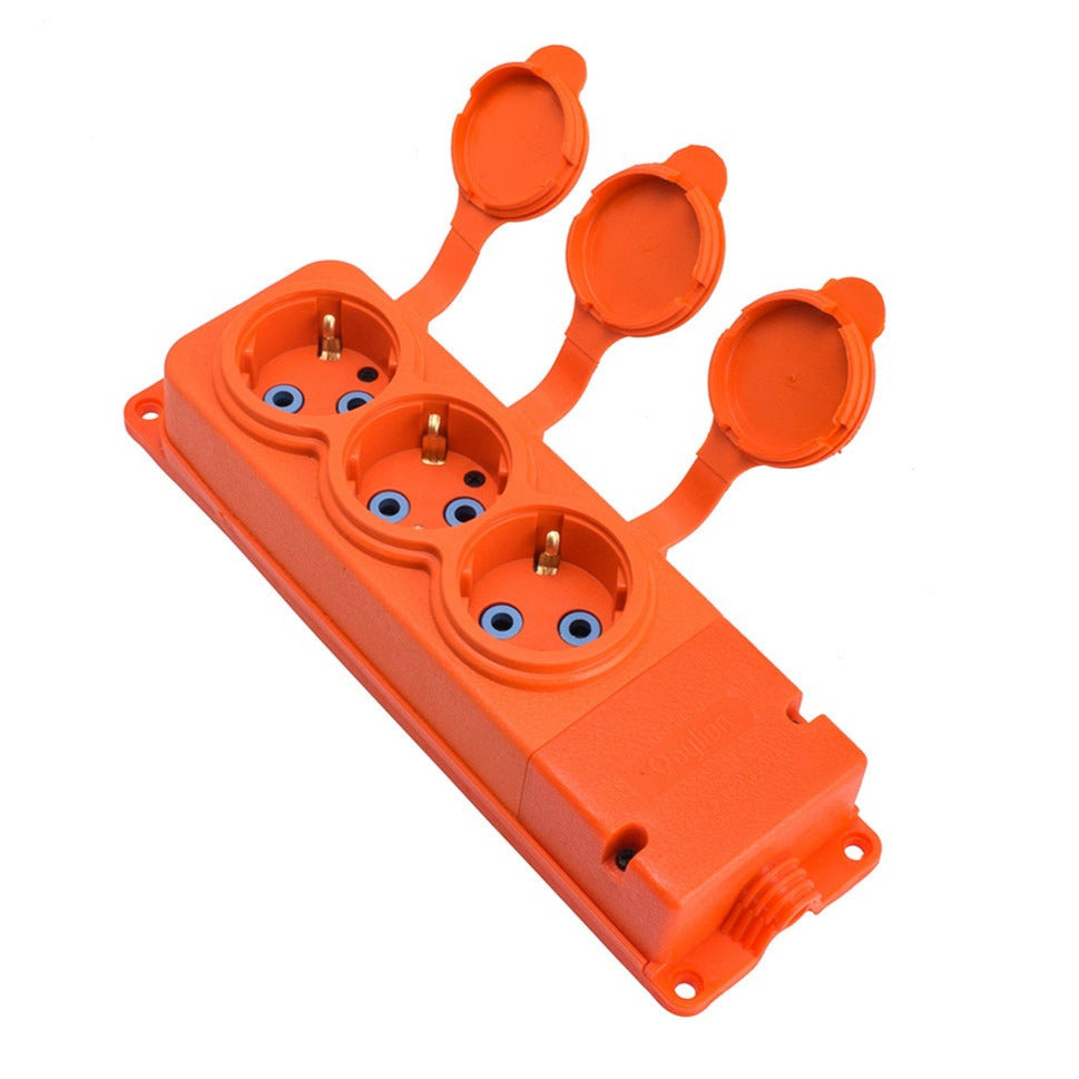 Triple "rubber" orange socket with hermetic cover IP44 250V, 16A, SCHUKO 2P+Z, 3KMP-F-O, Bylion