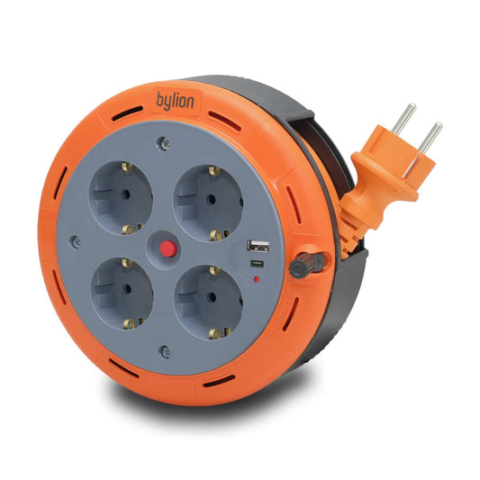 Kompakte Kassette Verlängerungskabel, 5m Kabel mit 4 Steckdosen IP20 + USB + thermische Sicherung + Kindersicherung, 3x1mm2, SCHUKO Typ Erdung, PHE-05310-F-USB