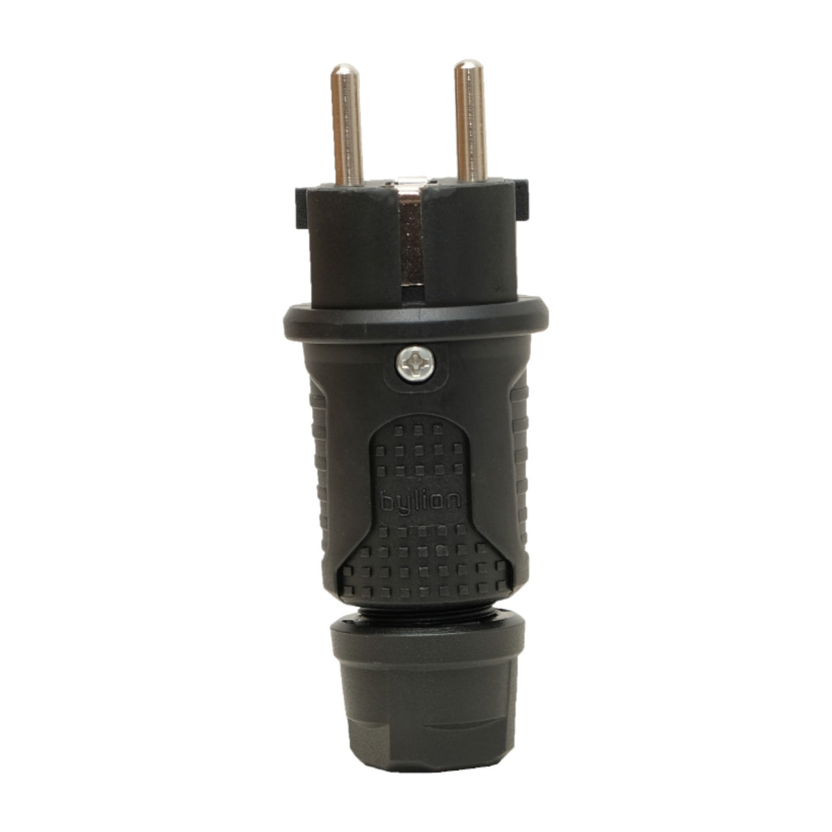 Zwarte rubberen kontaktstop IP54, 250v 16a per kabel, Uni-Schuko (dubbele aarding), 2P+E, REF, Bylion