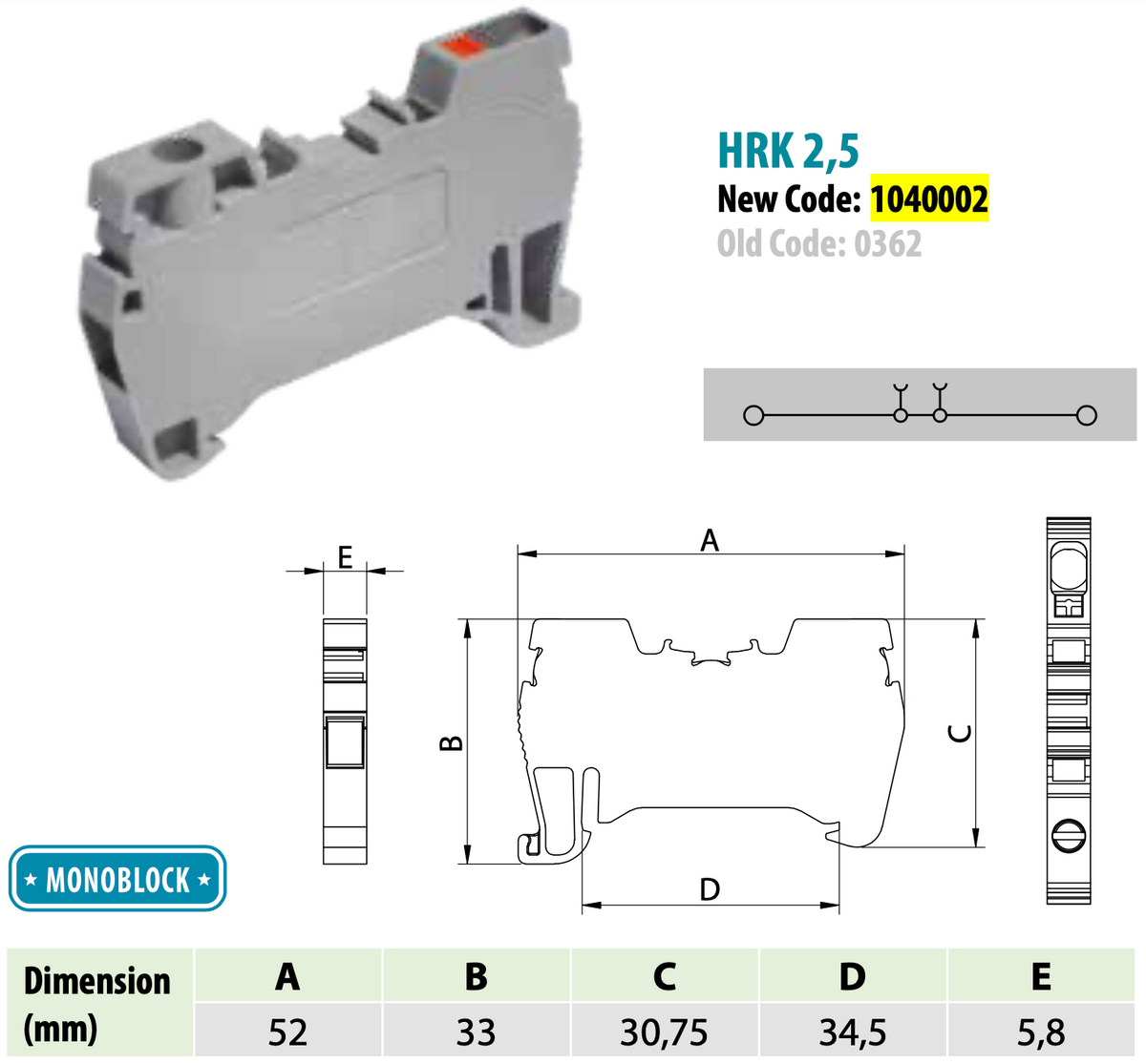ONKA 2,5mm2 Bloc de connexion hybride vis/rail à ressort Bloc de connexion pour rail DIN 2 fils gris, 1040002